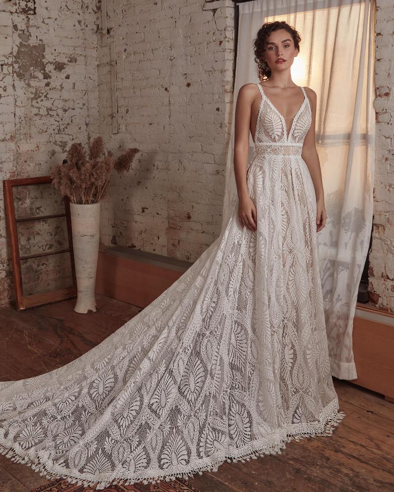 Lp2120 spaghetti strap or long sleeve boho wedding dress with backless a line silhouette4